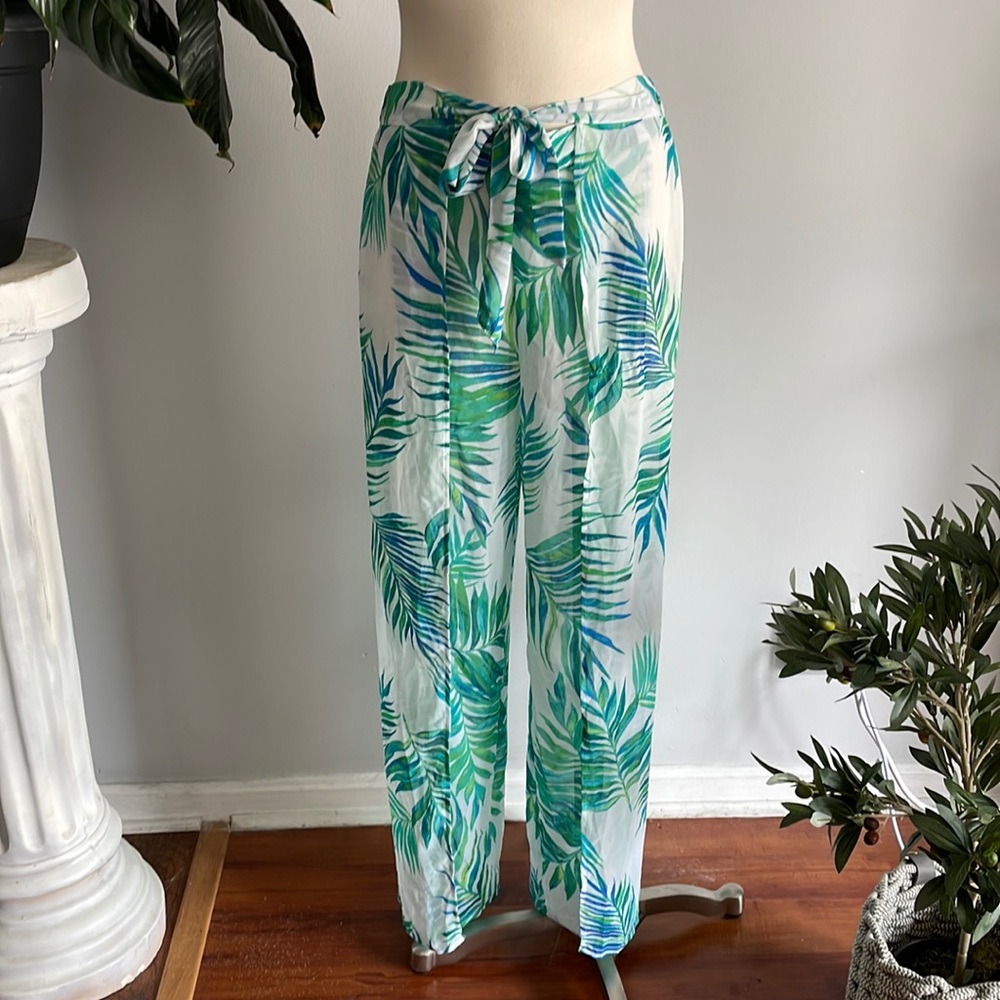 Tropical Leaf Print Swim Coverup Pants - White & Green